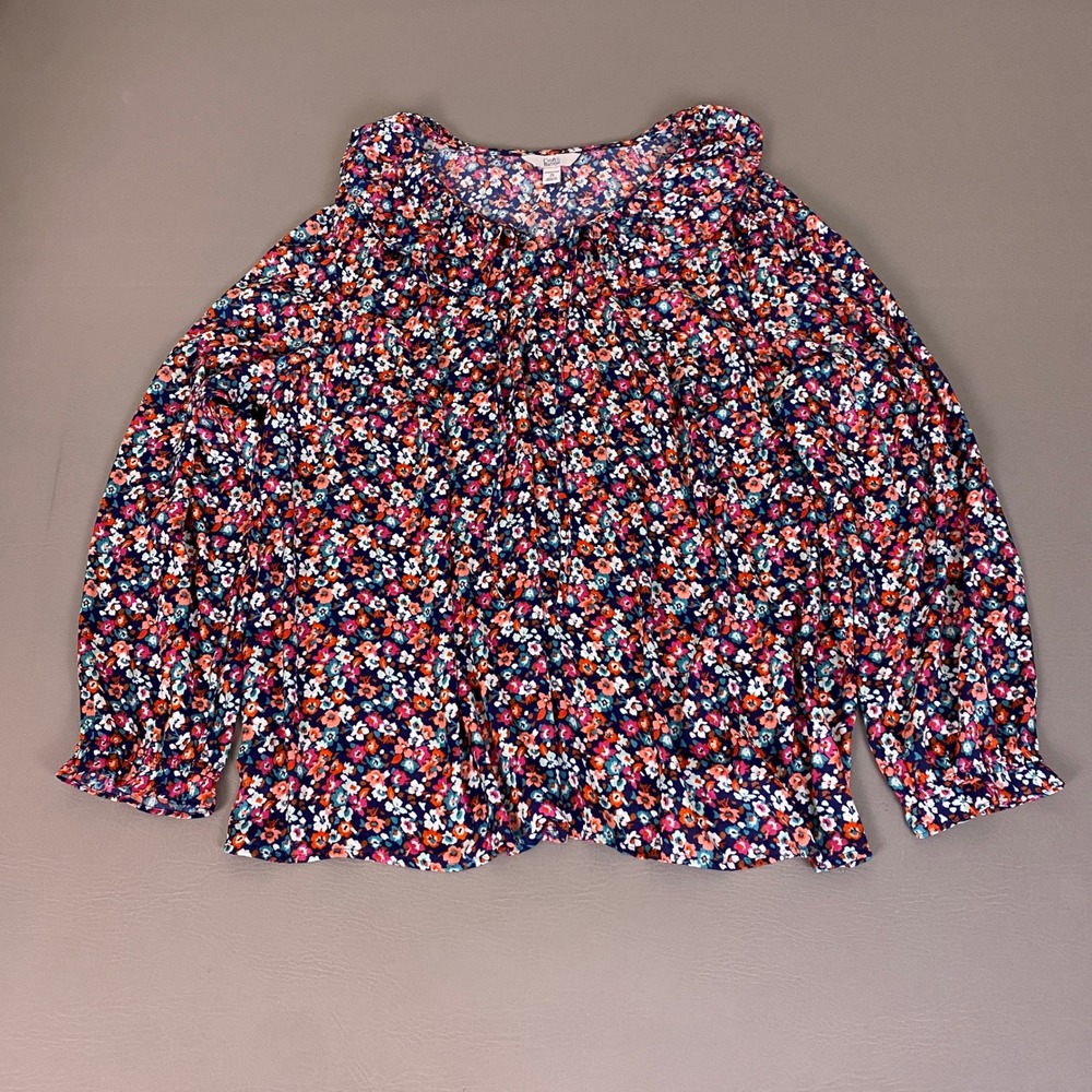 Croft & Barrow Blouse Top Women's Plus 2X Navy Blue Floral Ruffle‎ Neck Peasant